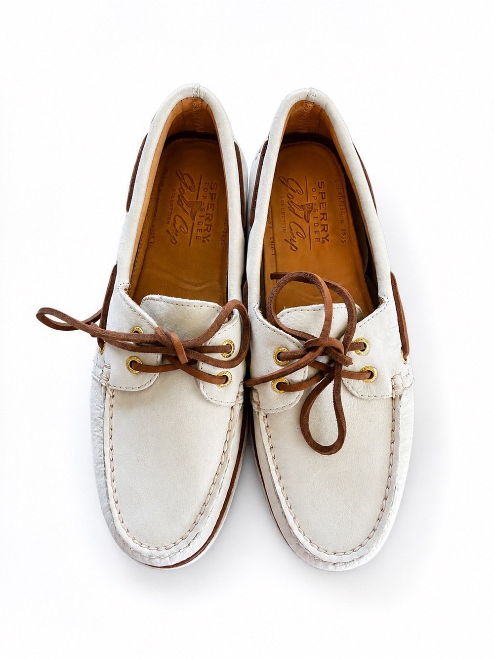 Sperry Men’s White Leather Boat Shoes with Brown Laces
